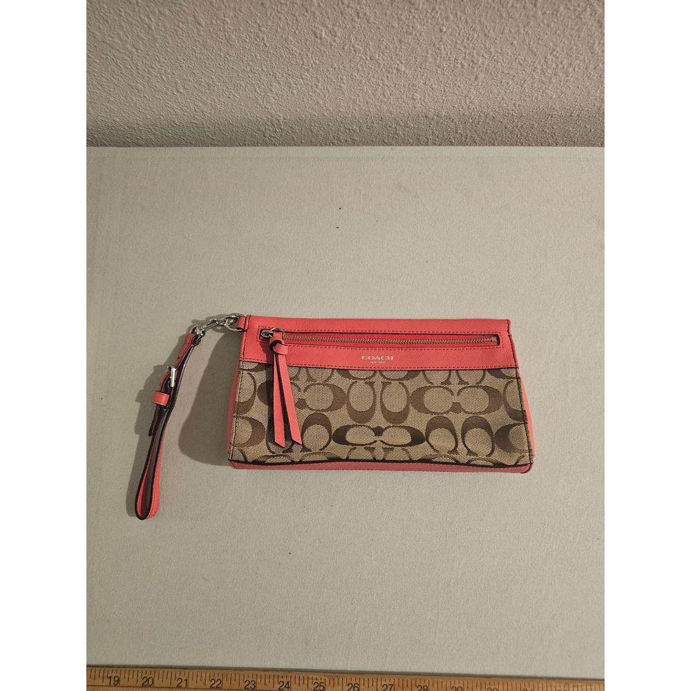 Coach Wristlet Brown Coral Canvas Leather Signature Monogram